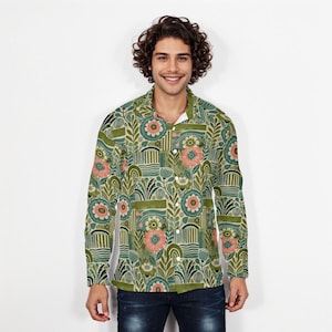 Men&#39;s Retro Floral Long Sleeve Shirt: Botanical Garden Print