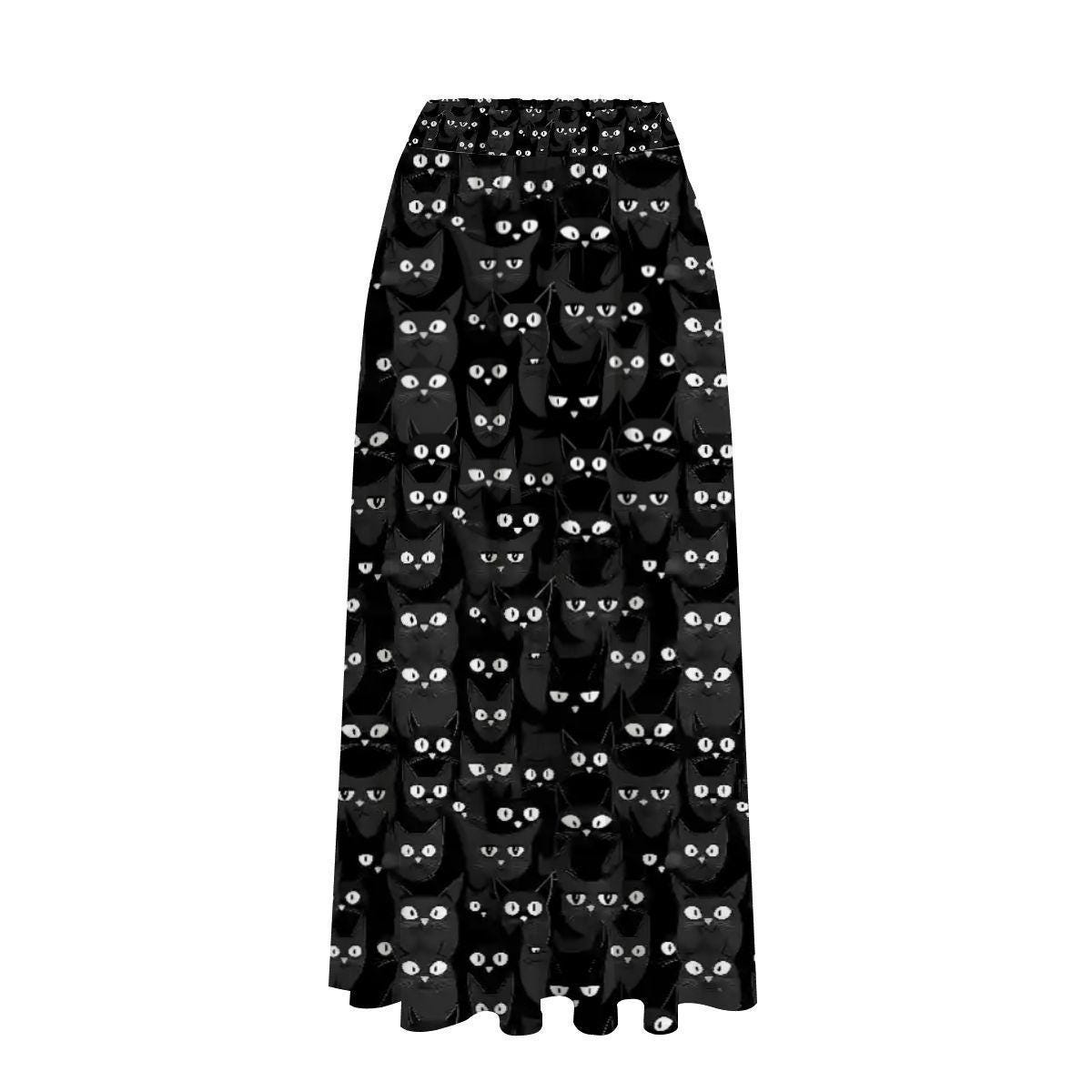 Black Cats Midi Skirt: High Waist Pleated A-line, Gothic Halloween