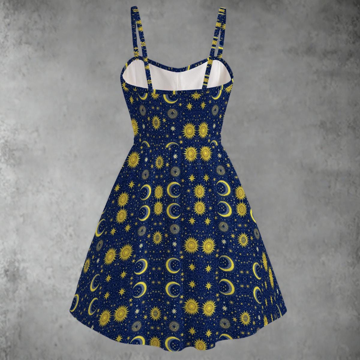 Celestial Sun Moon Star Dress - Navy Blue Gold Print, Sweetheart A-Line Celestial Sun Moon Star Dress - Navy Blue Gold Print, Sweetheart A-Line