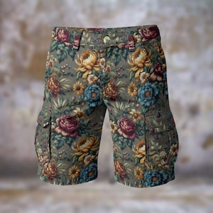 Vintage Flowers Men’s Cargo Shorts | Casual Summer Cargo Shorts with Pockets | Durable Outdoor Relaxed Fit Shorts