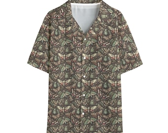 Camisa hawaiana de hombre con estampado de polillas estilo cottagecore - Abotonada en lino sintético