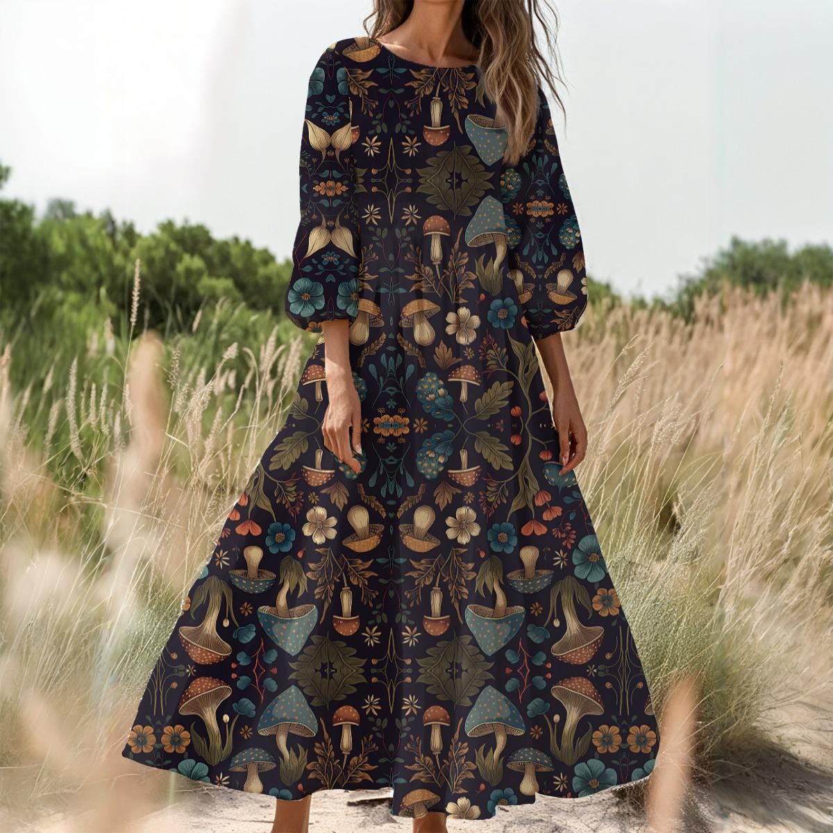 Mushroom Print Dress: Cottagecore Fairycore A-Line Midi