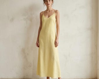 Butter Yellow Maxi Dress, Spaghetti Strap V-Neck, Flowy Beach Wedding Guest