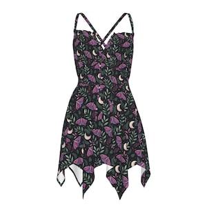 Moth and Moon Sun Dress, Dark Cottagecore Handkerchief Hem Slip Dress, Whimsigoth Fairycore Beach Coverup, Plus Size Summer Dress XS-5XL