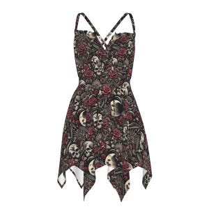 Gothic Skull Dress: Punk Rock Rose Print, Asymmetrical Hem