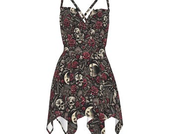 Gothic Skull Dress: Punk Rock Rose Print, Asymmetrical Hem