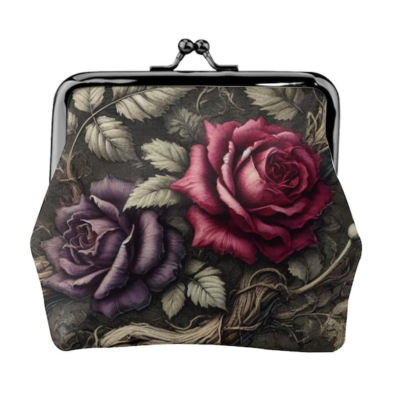 Gothic Rose Kiss Lock Coin Purse, Victorian Vegan Leather Wallet