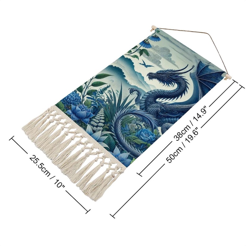 Blue Dragon Tapestry Wall Hanging: Cotton Linen Fantasy Banner 画像 4