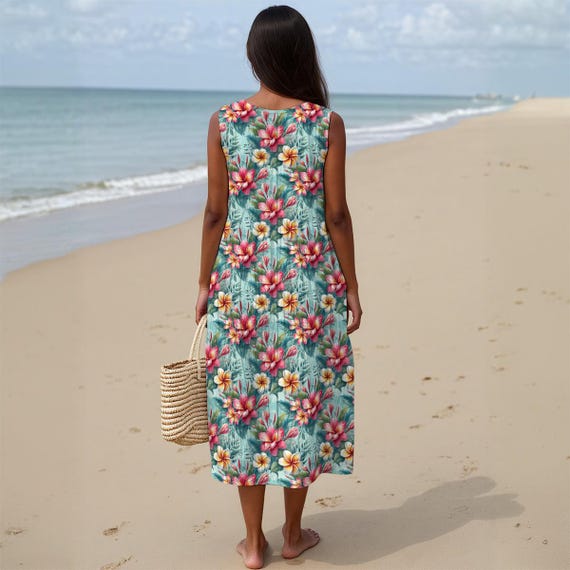 Blue Hawaii Sleeveless Cotton Dress, Women's Tropical A-line Summer Dress,  Beachy Boho Vacation Outfit