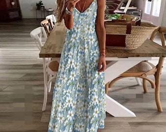 Daisy Floral Maxi Kleid, V-Ausschnitt ärmellose Sommer Sommerkleid