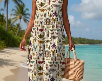 Bug Print Maxi Dress: Faux Linen Sleeveless A-Line Summer Dress