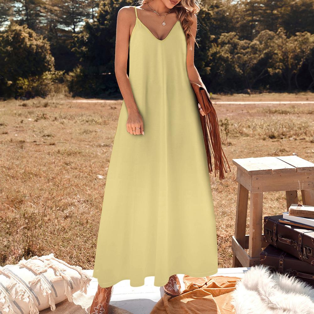 Butter Yellow Maxi Dress, Spaghetti Strap V-Neck, Flowy Beach Wedding Guest