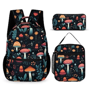 May include: A backpack, pencil case, and lunch bag set. The items feature a dark background with a repeating pattern of orange and red mushrooms, blue leaves, and yellow flowers. The backpack has black straps and side pockets.
