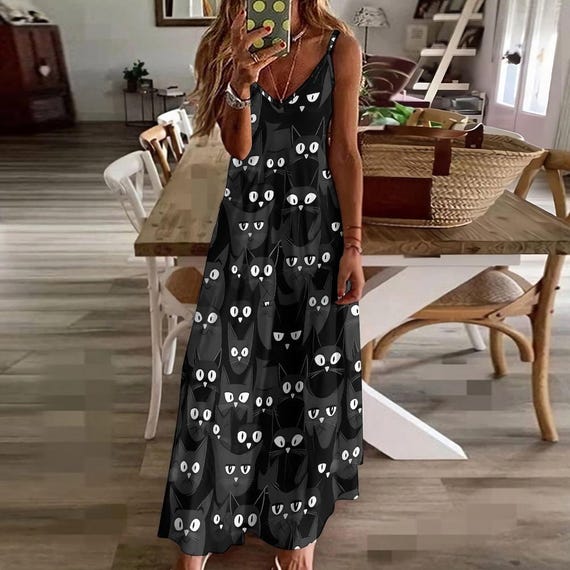 Black Cat Print Maxi Dress: Halloween Spaghetti Strap A-Line Dress