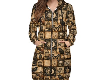 Sudadera larga gótica de bruja, vestido con capucha y cremallera ocultista, sudadera con capucha de calavera de cuervo, chaqueta de estilo academia oscura, abrigo de estética grunge, alternativo