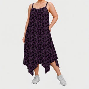 Purple Gothic Damask Maxi Dress | Spaghetti Strap Witchy Handkerchief Hem Dress with Pockets | Cottagecore Boho Grunge Summer Dress