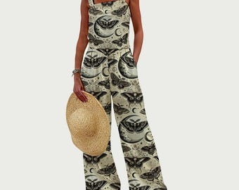 Mono de pierna ancha Celestial Moth para mujer, mono ligero con tacto de lino y bolsillos, mono de verano estilo gótico bohemio, estampado de luna y polilla para la playa.
