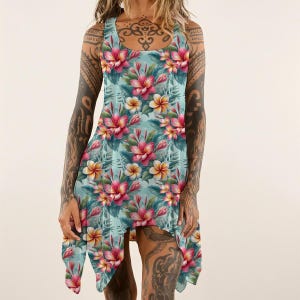 Blue Hawaii Tank Dress: Tropical Floral Sleeveless Handkerchief Hem