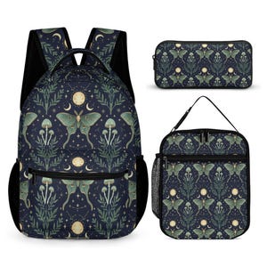May include: A dark blue backpack, a rectangular pencil case, and a lunch bag, all featuring a repeating pattern of green luna moths, white mushrooms, yellow moons, and small stars against a dark navy background with black trim and zips.