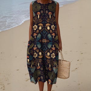 Cottagecore Mushroom Dress: Women&#39;s Slub Cotton A-Line Sleeveless Dress