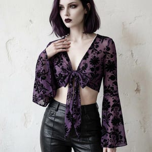 Purple Gothic Damask Blouse – Lace-Up Bell Sleeve Mesh Top (S to 5XL)