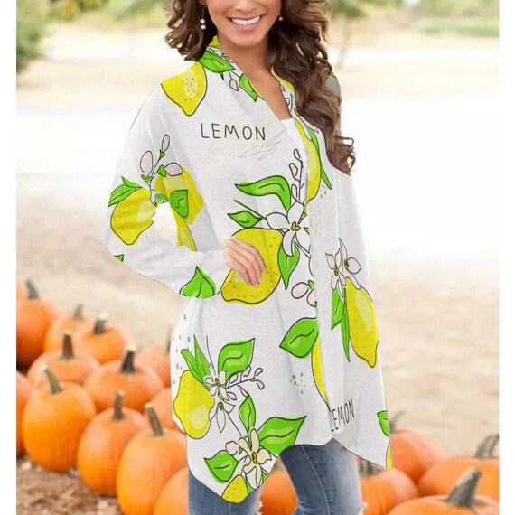 Lemon Print Women's Long Sleeve Cardigan – Lightweight Mid-length Shawl  Collar Wrap, Open Front - Etsy