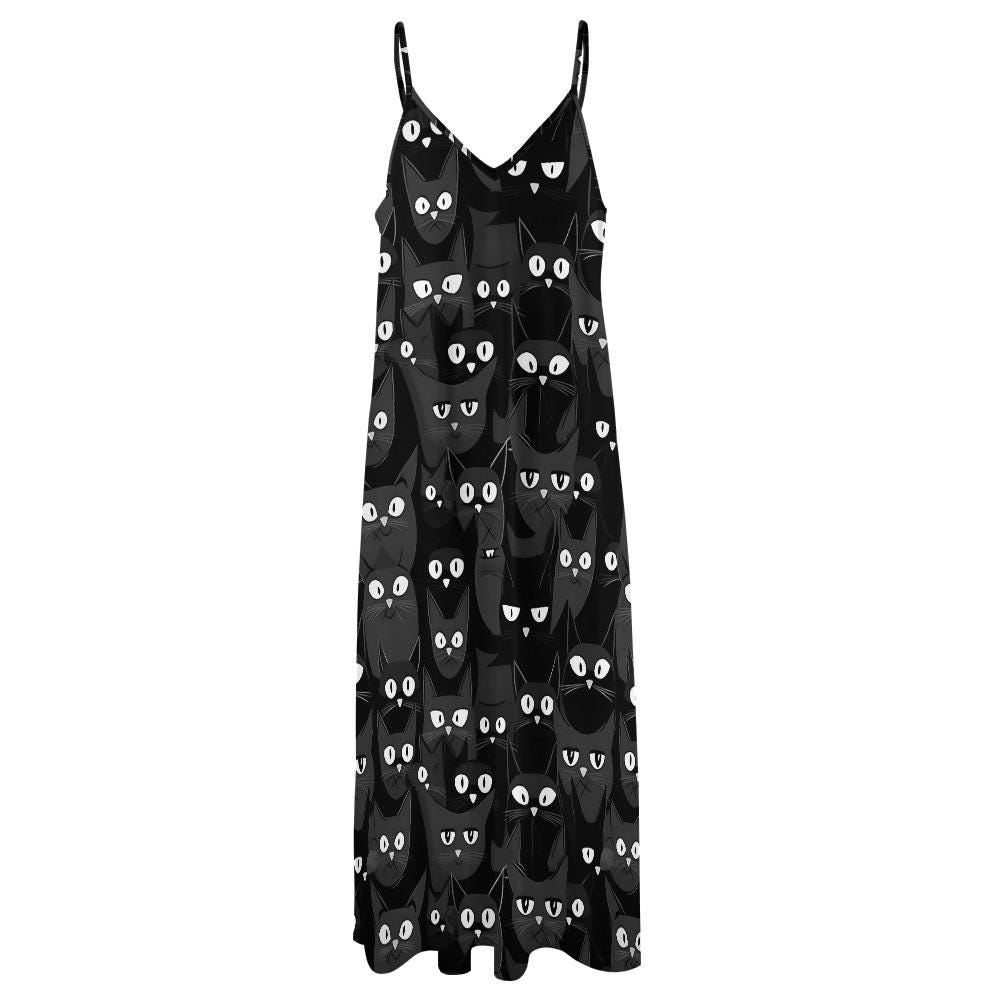 Black Cat Print Maxi Dress: Halloween Spaghetti Strap A-Line Dress