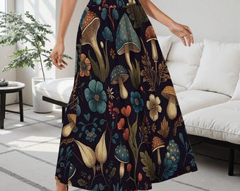 Mushroom Print Midi Skirt with Pockets: Cottagecore High-Waist Skirt