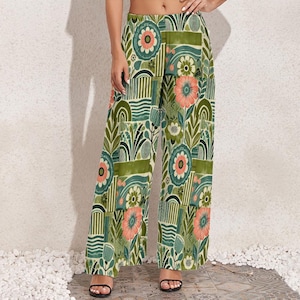 Bold Artistic Floral Women’s Wide Leg Pants | High Waist Summer Casual Wear | Sizes XS to 6XL
