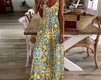 Sicilian Sun, Tile Design Sling Ankle Long Dress | Boho Maxi Dress | Stretchy & Lightweight Summer Dress