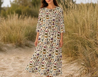 Vestido de corte A con estampado de insectos: manga abullonada de inspiración gótica natural