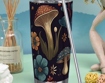 Svampmugg (20 oz): Mörk cottagecore svampblommig resemugg i rostfritt stål