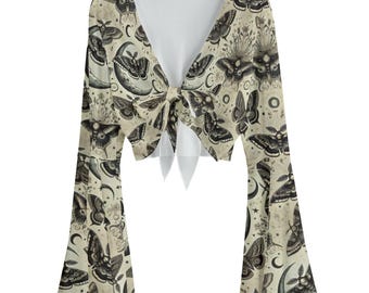 Moon Moth Print Mesh Blouse • Gothic Bell Sleeve Tie-Up Top
