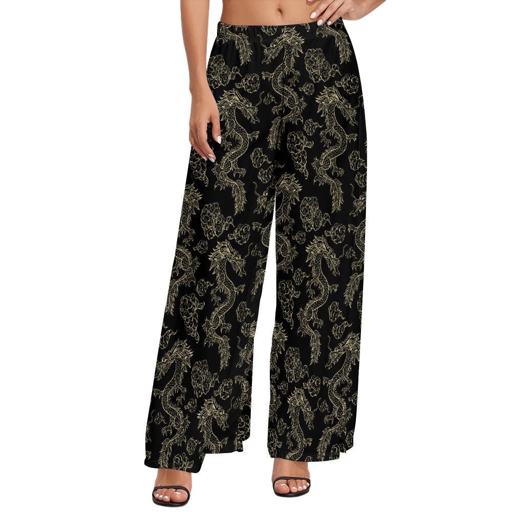 Black Japanese Dragon Wide Leg Pants | High Waist Flowing Summer