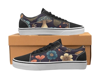 May include: Pair of black and white sneakers with a floral and mushroom pattern. The sneakers have a black toe cap and heel, with a white sole. The pattern includes blue, orange, and beige flowers and mushrooms on a dark background.