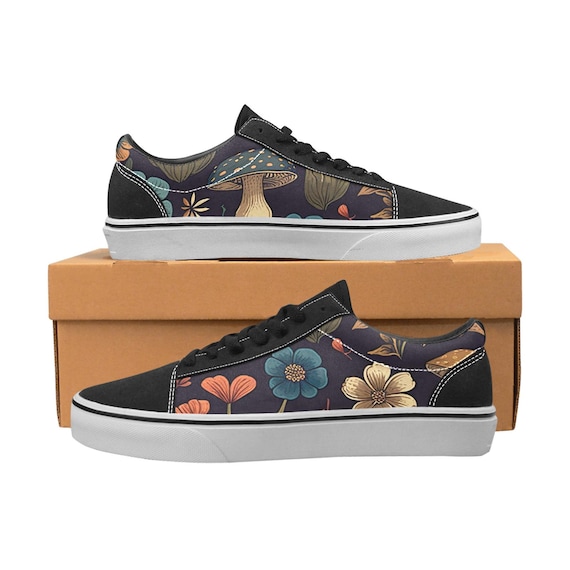 Mushroom Print Canvas Oxford Shoes: Cottagecore Lace-Up Sneakers