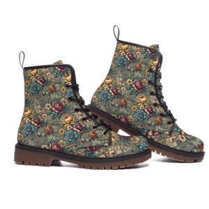 Combat Boots Women, Vintage Floral PU Upper, Lace-Up Rubber Sole