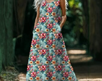 Hawaiian Polynesian Maxi Dress – Tropical Luau Party Dress