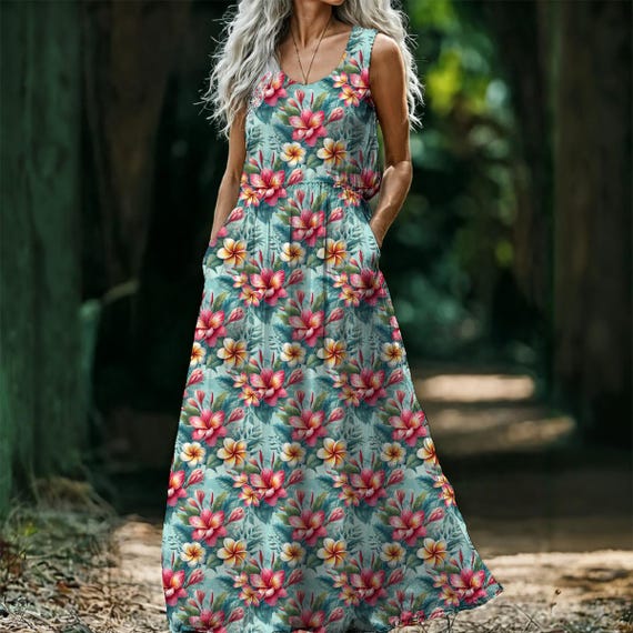 Blue Hibiscus Maxi Dress: Tropical Sleeveless A-Line Summer Dress Blue Hibiscus Maxi Dress: Tropical Sleeveless A-Line Summer Dress