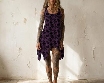 Purple Gothic Sleeveless Tank Dress | Witchcore Handkerchief Hem Dress | Occult Fairycore Festival Clothing