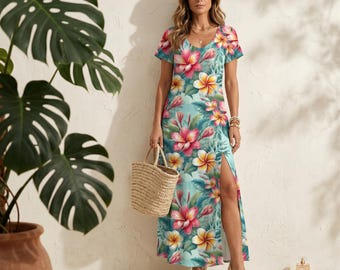 Vestido largo hawaiano azul: vestido tropical con cuello en V