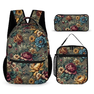 Vintage Floral Backpack Set: Cottagecore School Bag, Lunch Bag & Pencil Case