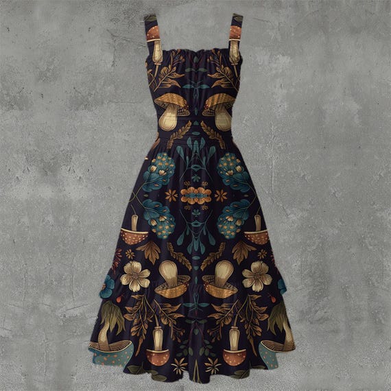 cottagecore mushroom dress Mushroom Print Ruffle Hem Dress: Cottagecore Sleeveless Summer Outfit