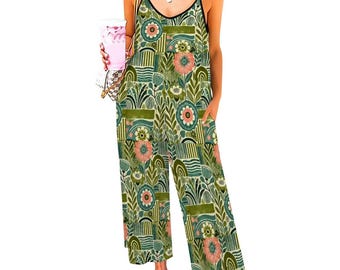 Boho Floral Jumpsuit: Green Wide-Leg Summer Romper