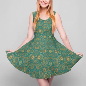 Aqua Paisley Skater Dress: Sleeveless Boho Y2K Mini Dress