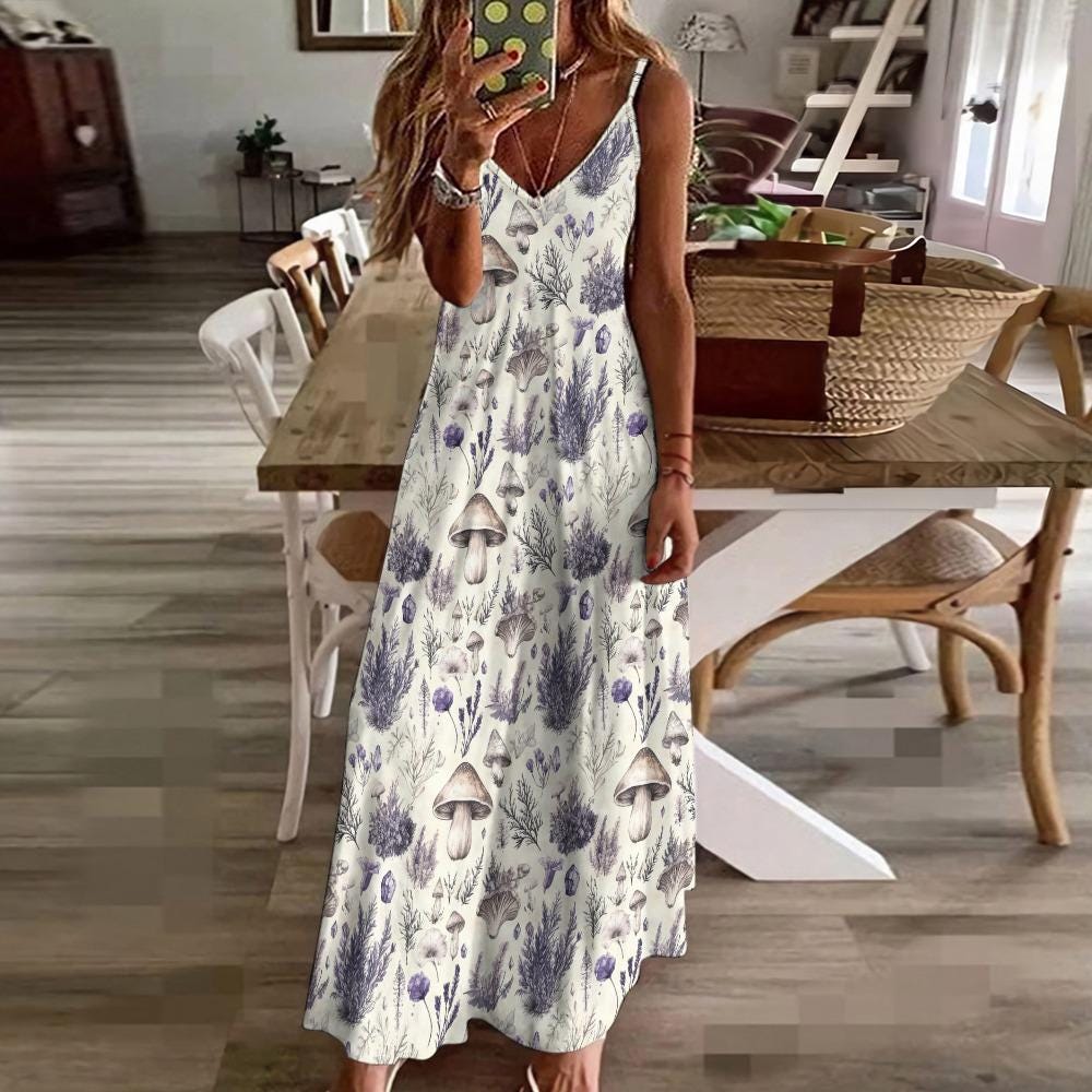 Mystic Woodland Mushroom Maxi Dress | Sling Ankle-Length Dress | Cottagecore Fairycore Boho Fashion | Witchy Nature Aesthetic