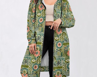 Sudadera larga con capucha y estampado floral abstracto: Sudadera bohemia con cremallera para mujer