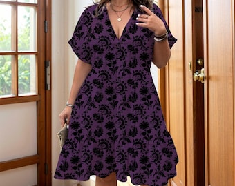 Purple Gothic Floral V-Neck Dress: Cottagecore Witchy A-Line