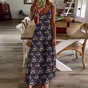 Midnight Spellbound Library Sling Maxi Dress, Celestial Book Print Long Dress, Witchy Gothic Cottagecore Summer Dress, Moon  Stars Maxi