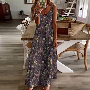 Witches Garden Twilight Maxi Dress | Sling Ankle-Length Dress | Witchcore Cottagecore Floral Dress | Spooky Fall Fashion